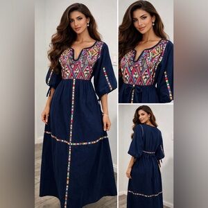 Vintage Mexican Oaxacan Embroidered Kaftan Huipil Boho Denim Maxi Dress